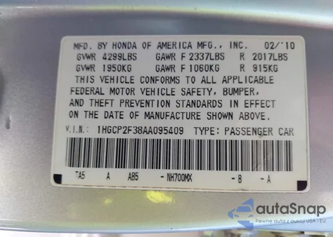 2010 Honda Accord 2.4 Lx z USA, uszkodzony, nr VIN 1HGCP2F38AA095409